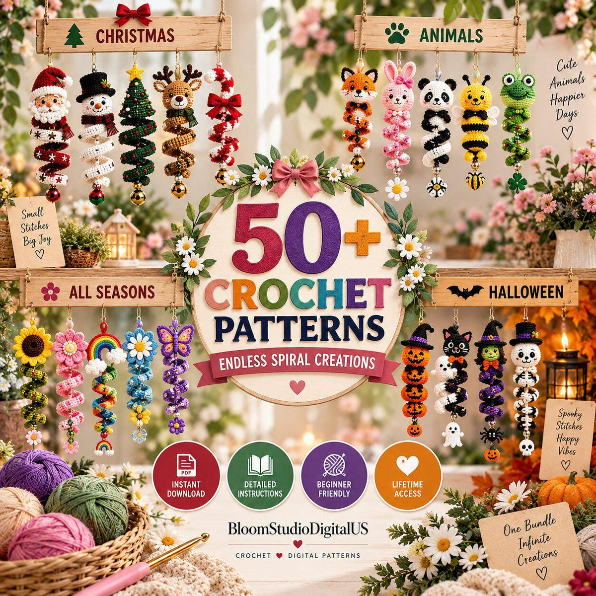 Plus de 50 modèles de crochet en spirale pour Halloween et Noël (PDF) | Décorations de Noël suspendues en spirale