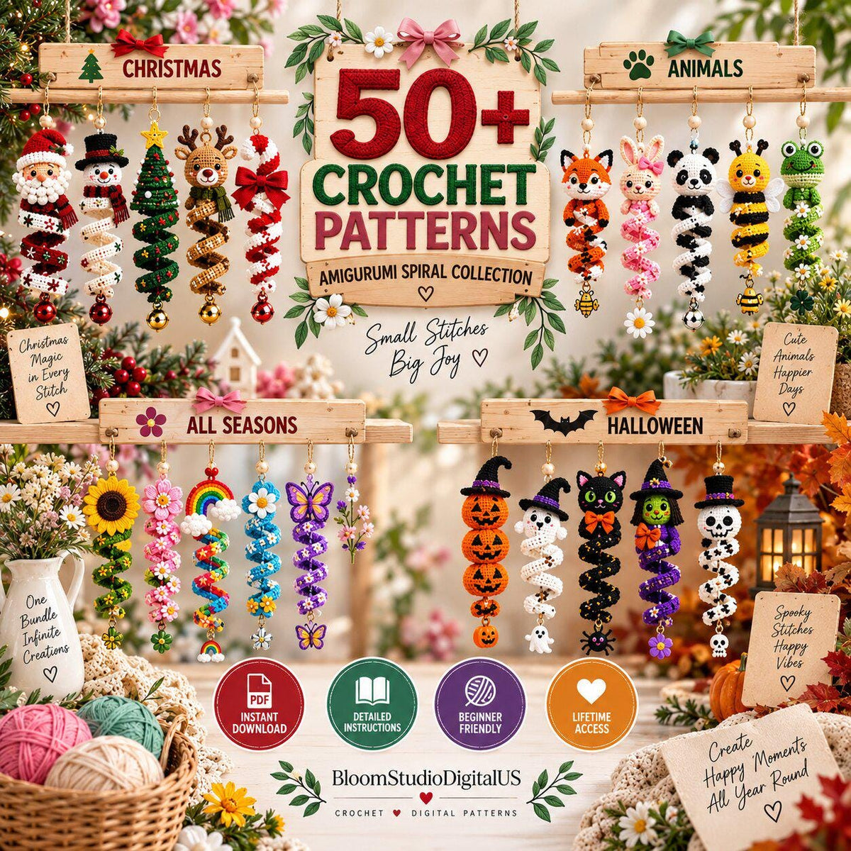 Plus de 50 modèles de crochet en spirale pour Halloween et Noël (PDF) | Décorations de Noël suspendues en spirale