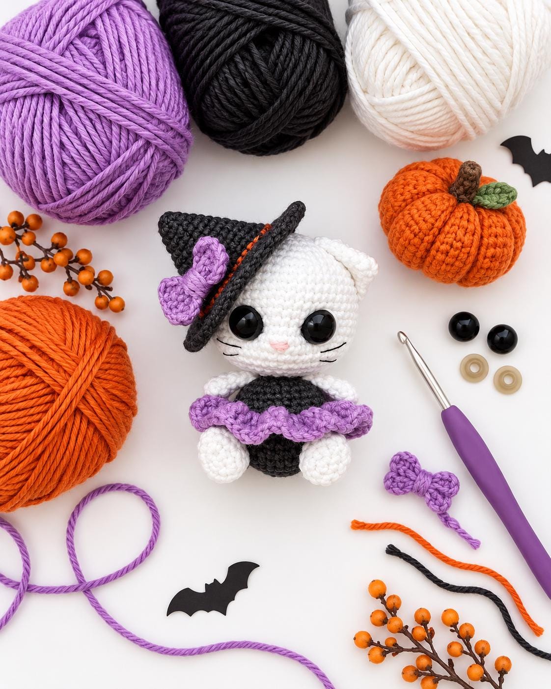 Patrón de ganchillo PDF de gato brujuno, gato amigurumi de Halloween, tutorial de muñeca bruja, descarga instantánea