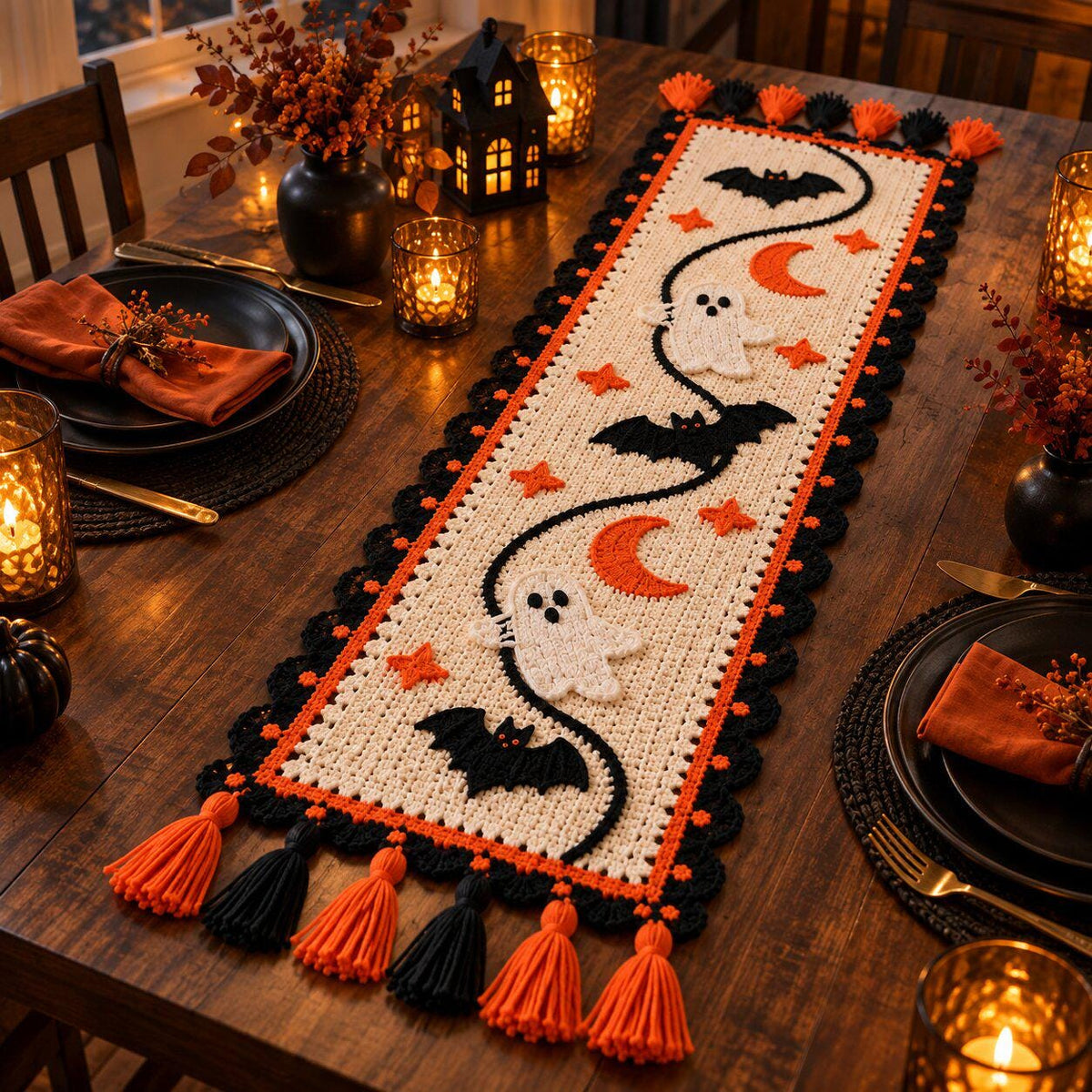 Halloween Crochet Table Runner Pattern PDF with Ghosts, Bats, Moons and Stars