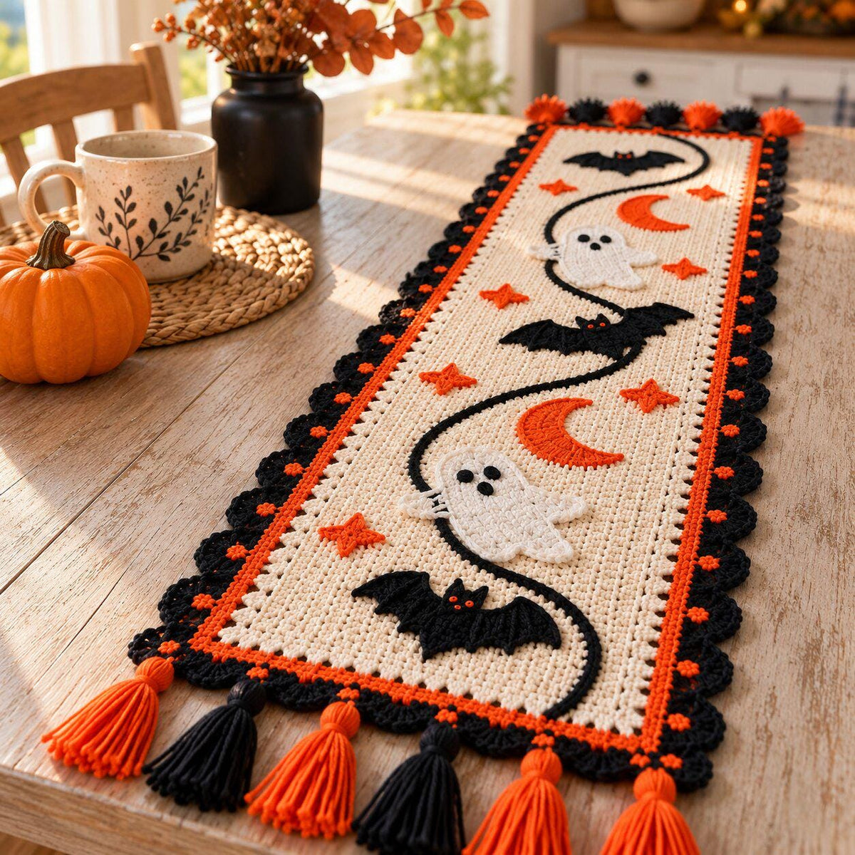 Halloween Crochet Table Runner Pattern PDF with Ghosts, Bats, Moons and Stars