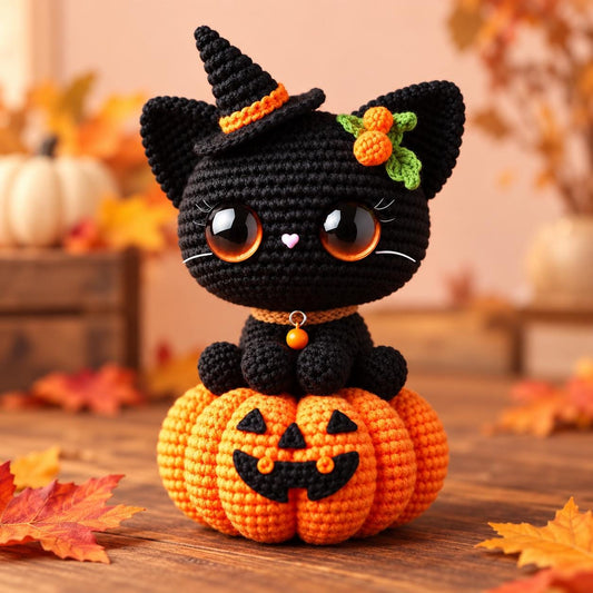 Black Cat in Pumpkin Crochet Pattern PDF, Halloween Amigurumi with Witch Hat