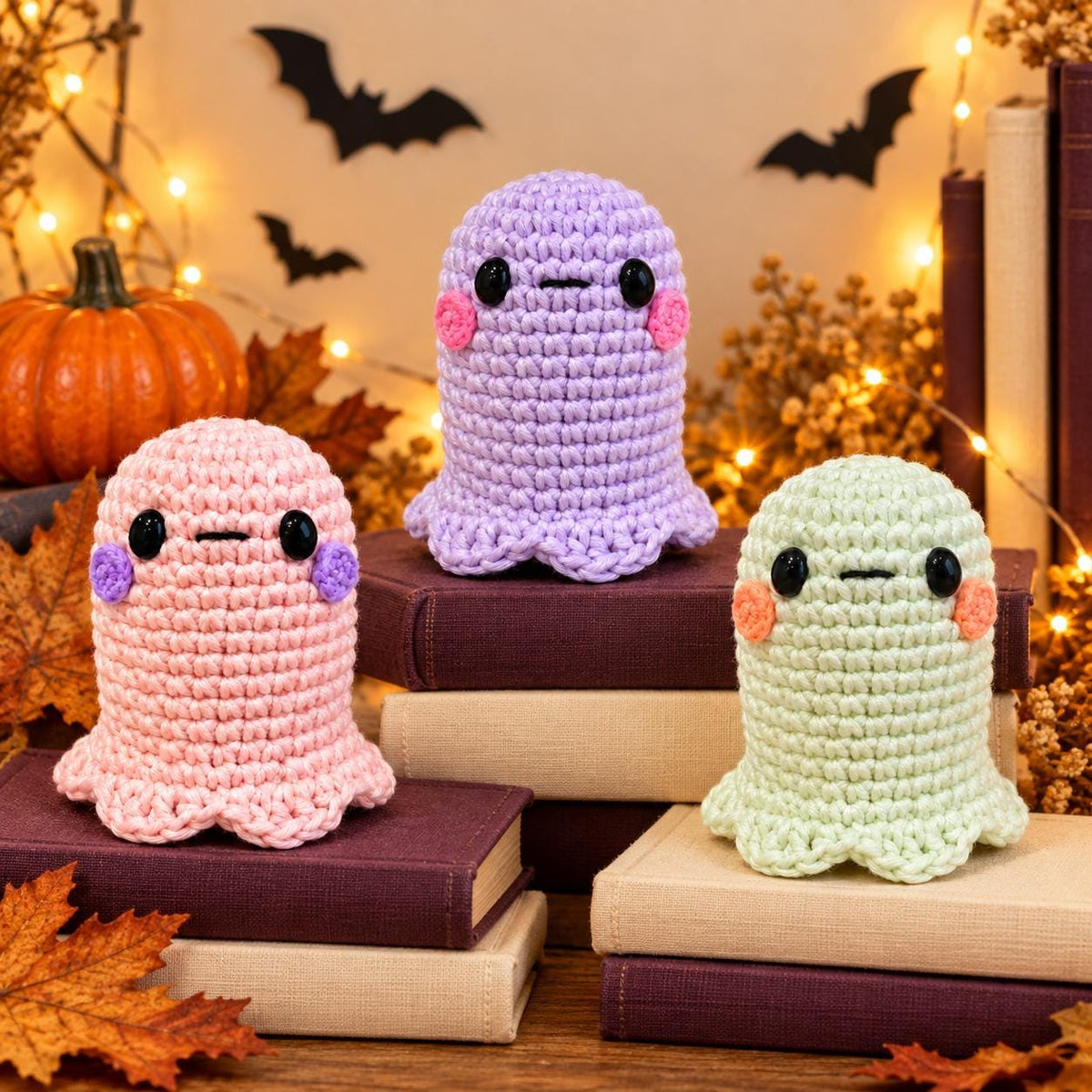 Patrón de ganchillo de fantasma en PDF, guía de amigurumi de Halloween, fantasma que brilla en la oscuridad e ideas de colores pastel