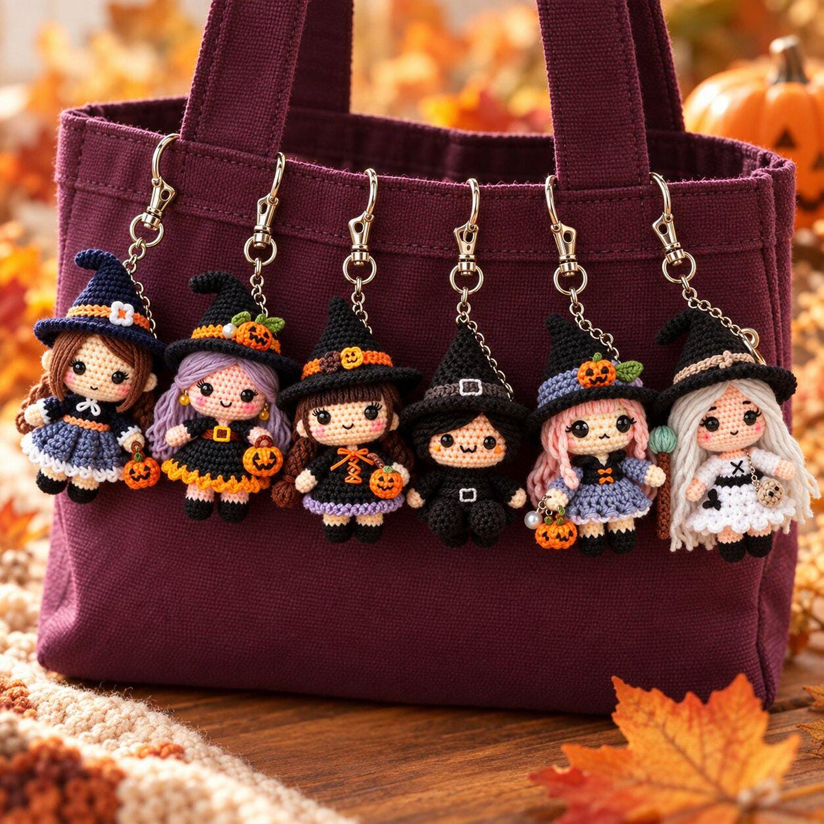 6-in-1 Crochet Witch Keychain Pattern Bundle, Halloween Amigurumi PDF
