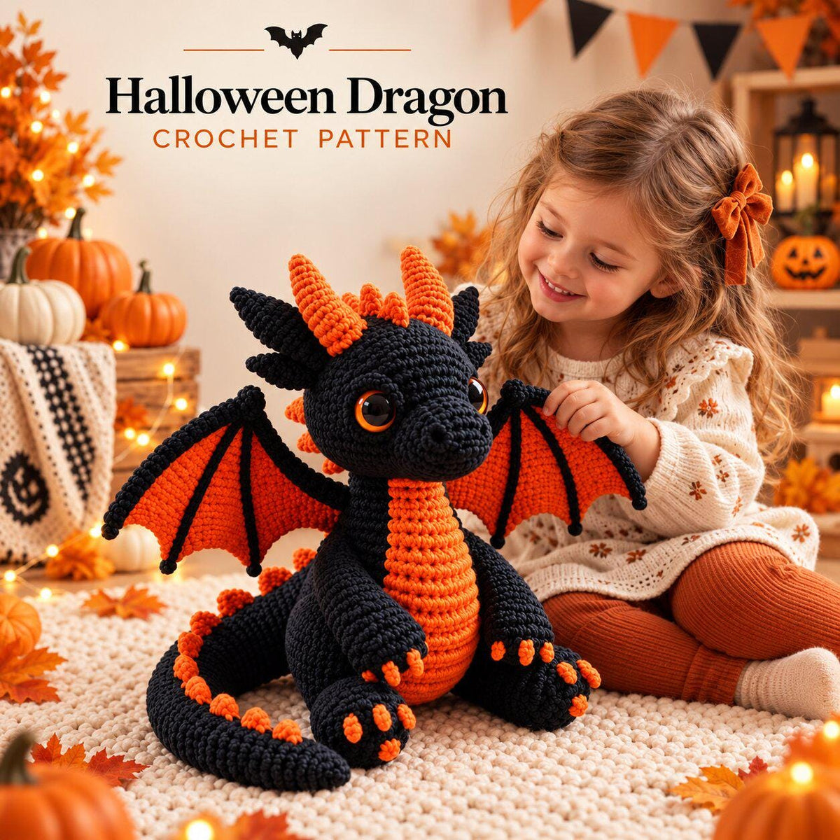 Black and Orange Dragon Crochet Pattern PDF, Halloween Amigurumi