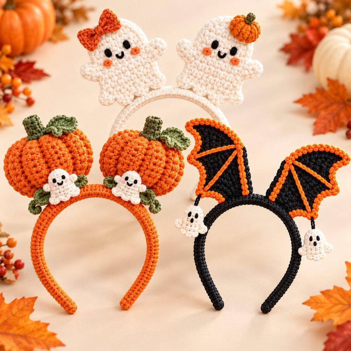 3-in-1 Halloween Crochet Headband Pattern: Ghost, Pumpkin & Bat PDF