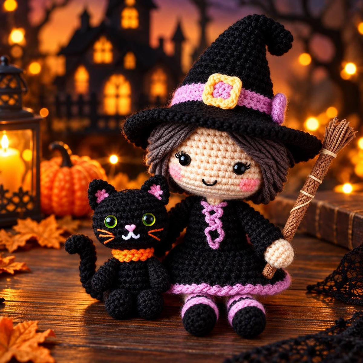 Halloween Witch Doll Crochet Pattern PDF with Black Cat and Broom, Amigurumi Decor
