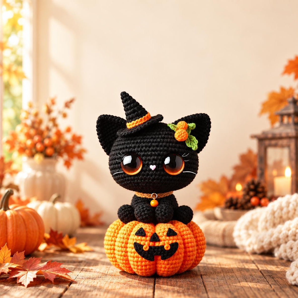 Black Cat in Pumpkin Crochet Pattern PDF, Halloween Amigurumi with Witch Hat