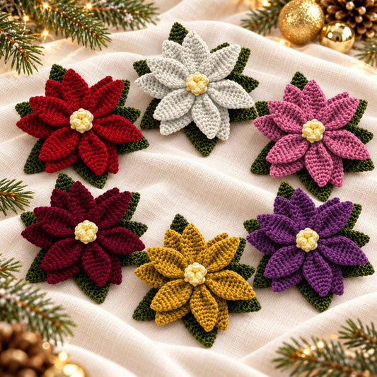 6-in-1 Crochet Poinsettia Pattern PDF, Christmas Flower Applique & Decor