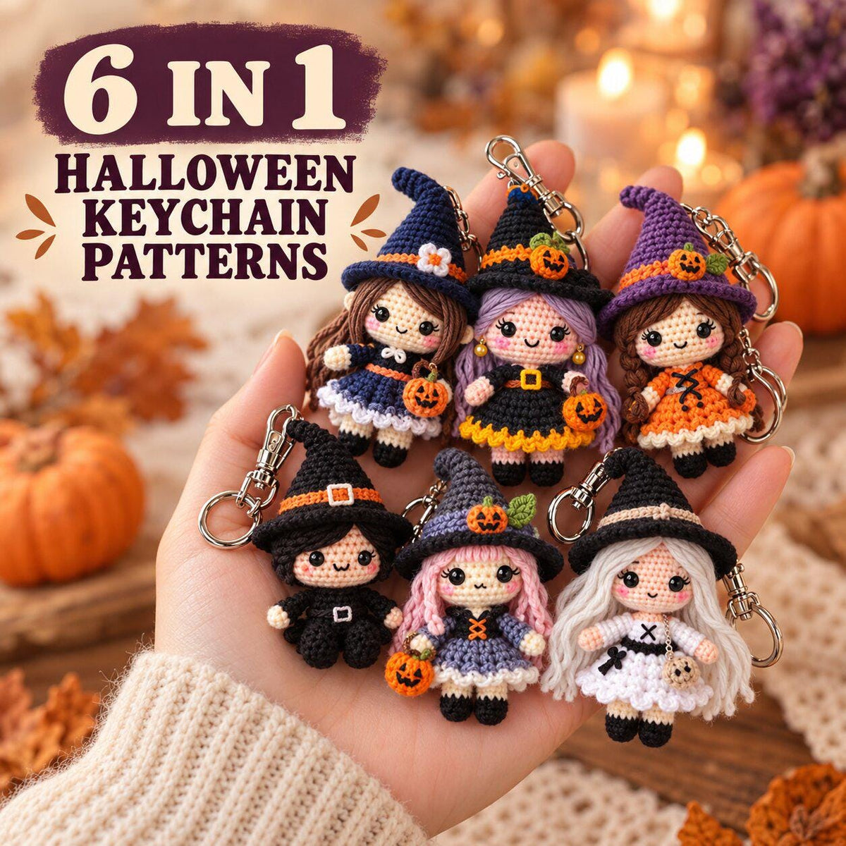 6-in-1 Crochet Witch Keychain Pattern Bundle, Halloween Amigurumi PDF