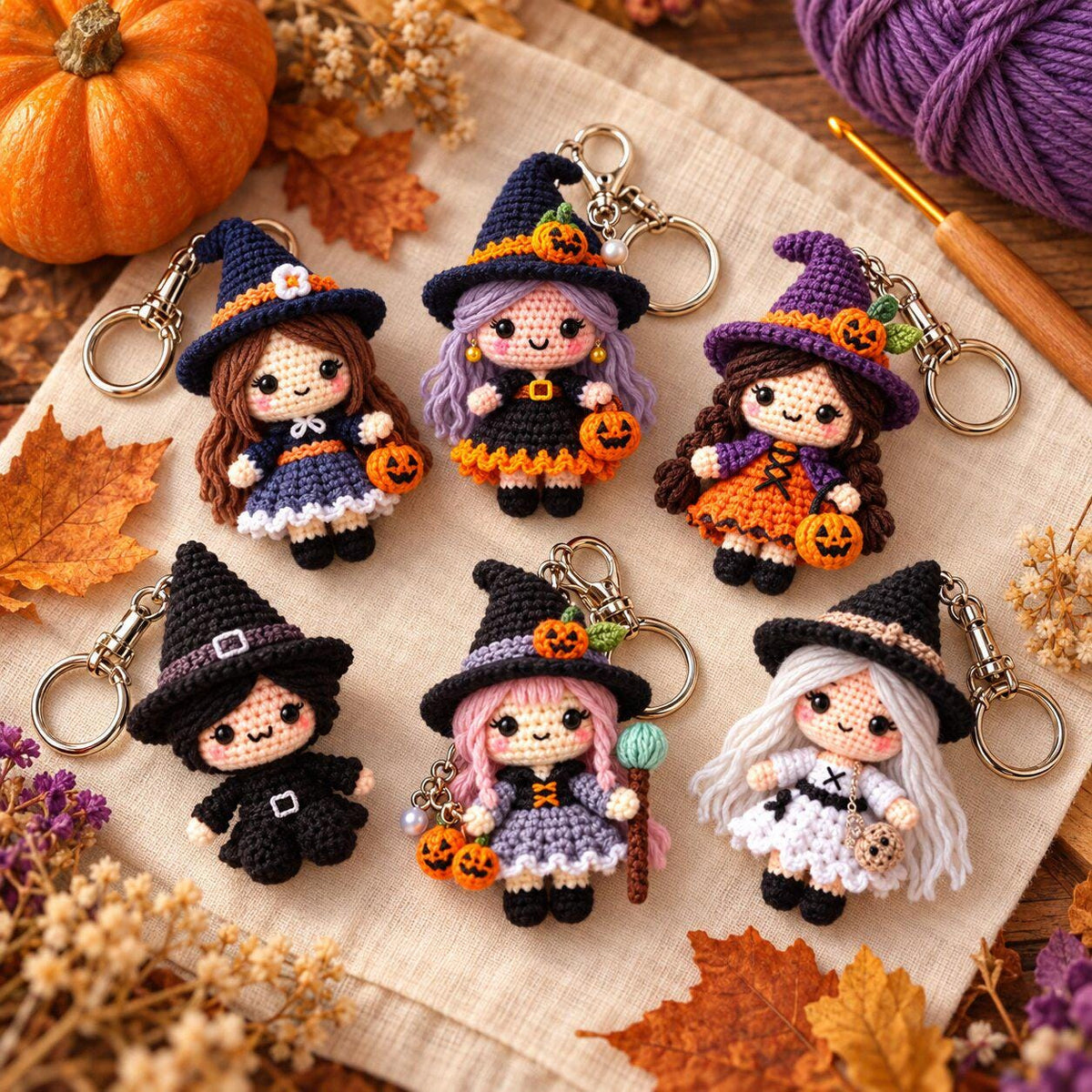 6-in-1 Crochet Witch Keychain Pattern Bundle, Halloween Amigurumi PDF