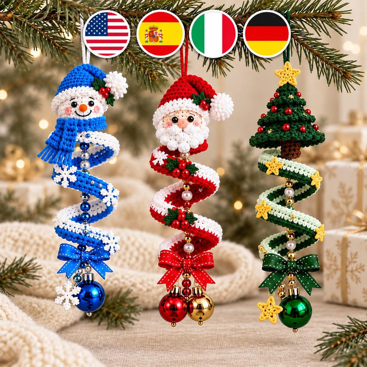 Christmas Spiral Ornament Crochet Pattern: Santa, Snowman & Tree Amigurumi PDF