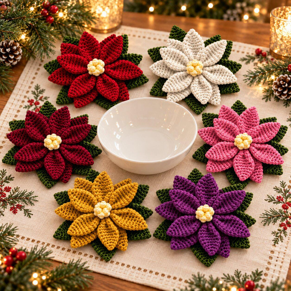 6-in-1 Crochet Poinsettia Pattern PDF, Christmas Flower Applique & Decor