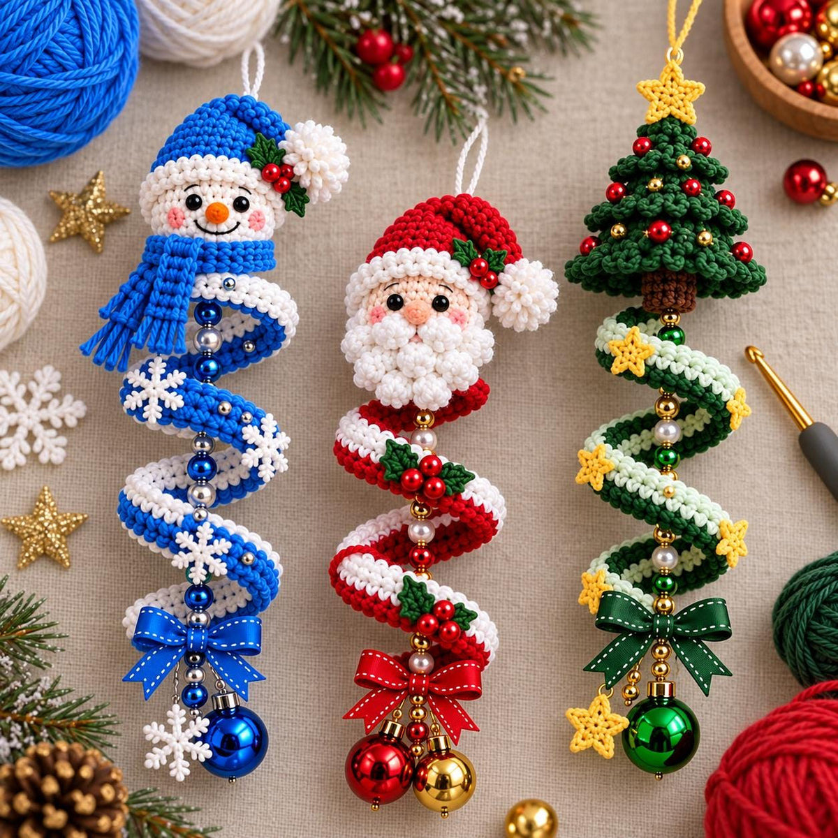 Christmas Spiral Ornament Crochet Pattern: Santa, Snowman & Tree Amigurumi PDF