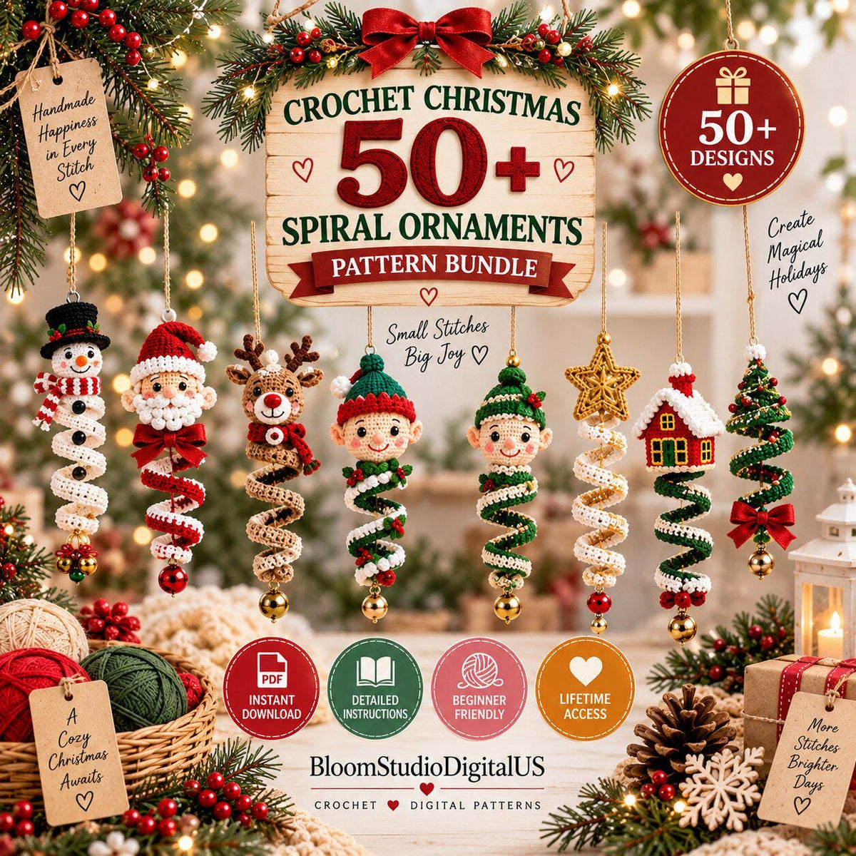 Plus de 50 modèles de crochet en spirale pour Halloween et Noël (PDF) | Décorations de Noël suspendues en spirale