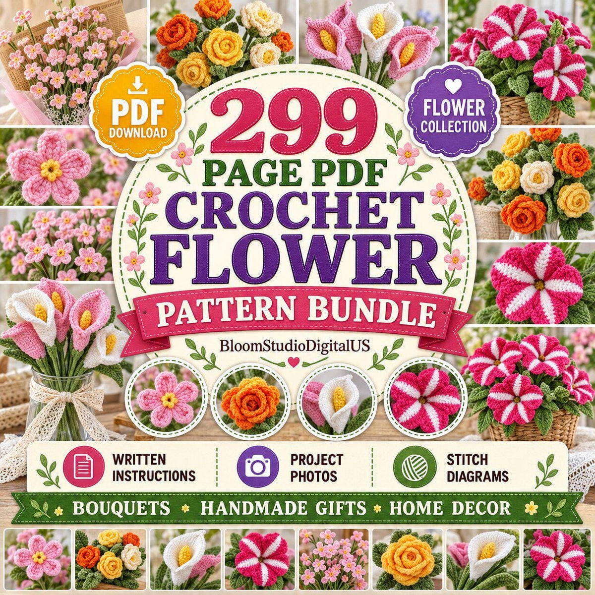 Set of 300 Crochet Flower Patterns | Flower Bouquets, Roses and Floral Designs