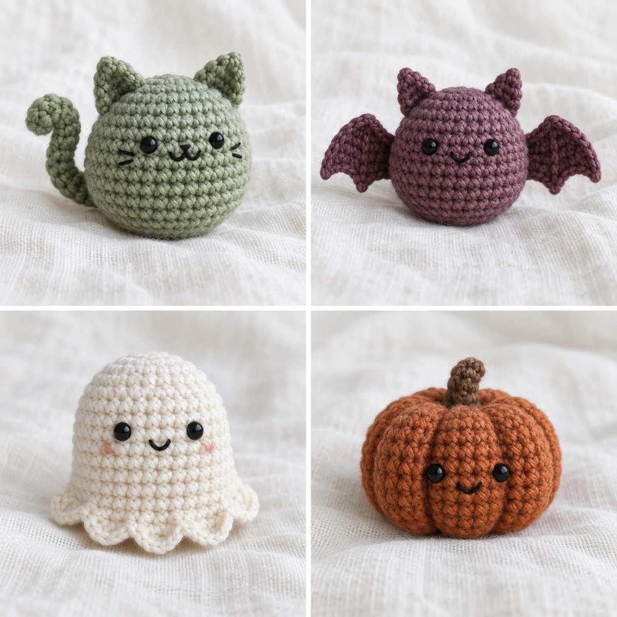 Halloween Crochet Pattern Bundle PDF, Pumpkin Ghost Bat and Cat Amigurumi, 4 Mini Fall Crochet Patterns