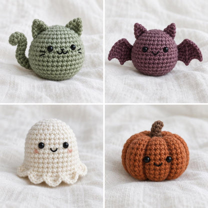 Halloween Crochet Pattern Bundle PDF, Pumpkin Ghost Bat and Cat Amigurumi, 4 Mini Fall Crochet Patterns
