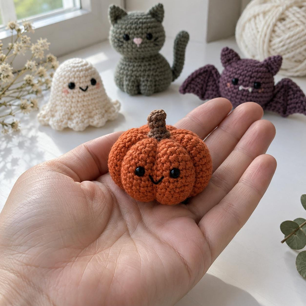 Halloween Crochet Pattern Bundle PDF, Pumpkin Ghost Bat and Cat Amigurumi, 4 Mini Fall Crochet Patterns