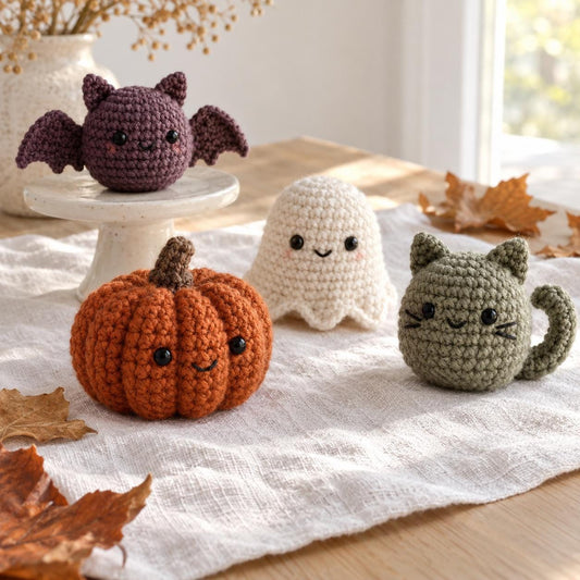 Halloween Crochet Pattern Bundle PDF, Pumpkin Ghost Bat and Cat Amigurumi, 4 Mini Fall Crochet Patterns