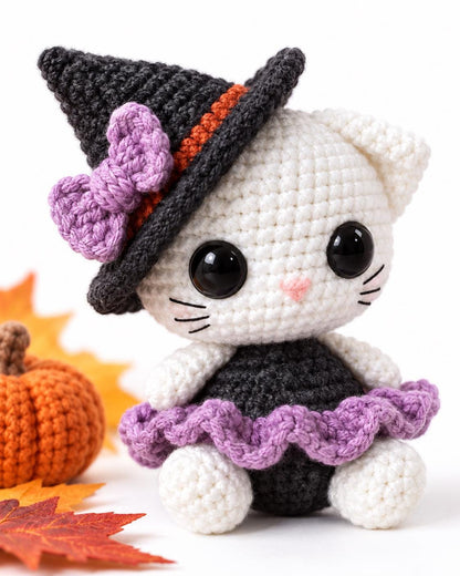 Patrón de ganchillo PDF de gato brujuno, gato amigurumi de Halloween, tutorial de muñeca bruja, descarga instantánea