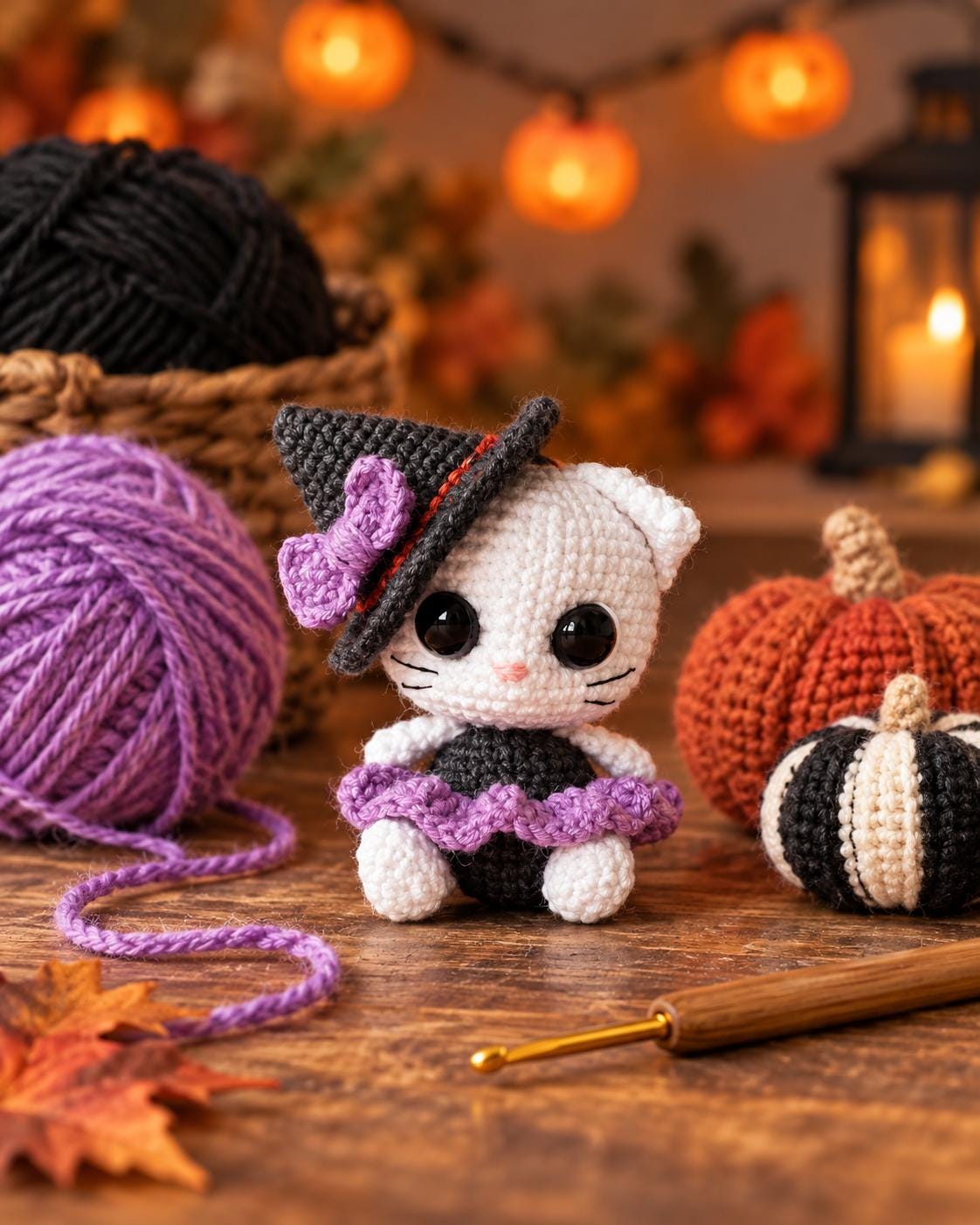 Patrón de ganchillo PDF de gato brujuno, gato amigurumi de Halloween, tutorial de muñeca bruja, descarga instantánea