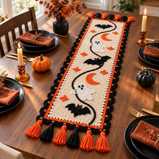 Halloween Crochet Table Runner Pattern PDF with Ghosts, Bats, Moons and Stars