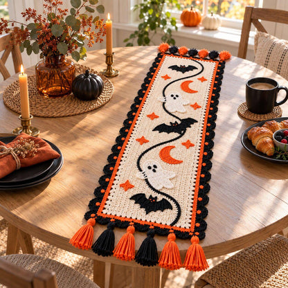 Halloween Crochet Table Runner Pattern PDF with Ghosts, Bats, Moons and Stars
