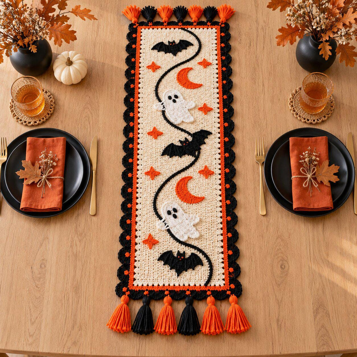 Halloween Crochet Table Runner Pattern PDF with Ghosts, Bats, Moons and Stars