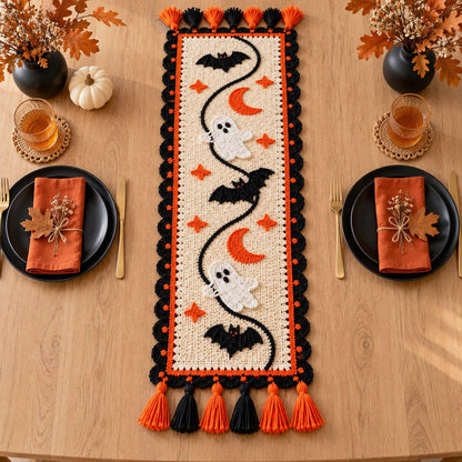Halloween Crochet Table Runner Pattern PDF with Ghosts, Bats, Moons and Stars