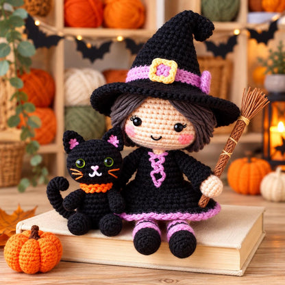Patron PDF au crochet pour poupée sorcière d'Halloween avec chat noir et balai, décoration amigurumi