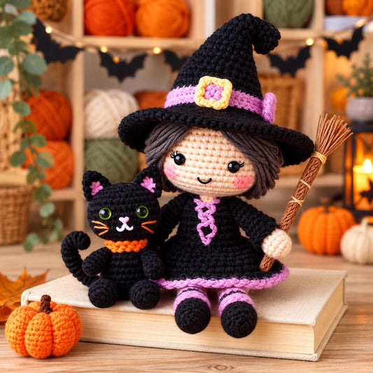 Halloween Witch Doll Crochet Pattern PDF with Black Cat and Broom, Amigurumi Decor