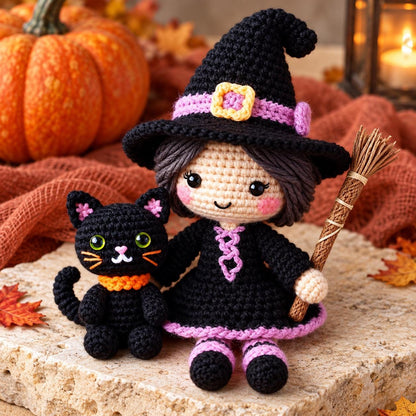 Patron PDF au crochet pour poupée sorcière d'Halloween avec chat noir et balai, décoration amigurumi