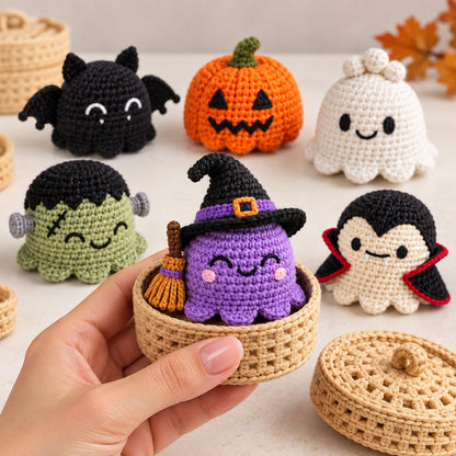 Halloween Ravioli Crochet Pattern Bundle PDF, 6 Amigurumi Characters with Steamer Basket
