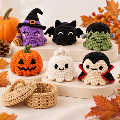 Halloween Ravioli Crochet Pattern Bundle PDF, 6 Amigurumi Characters with Steamer Basket