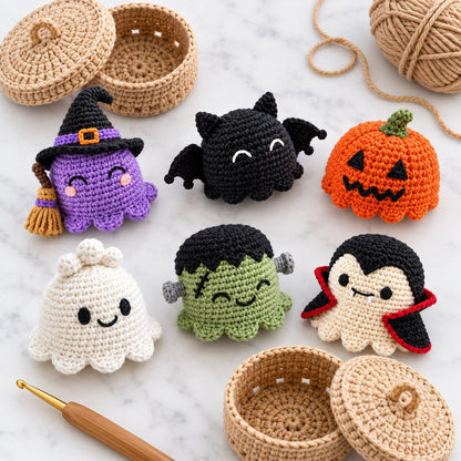 Halloween Ravioli Crochet Pattern Bundle PDF, 6 Amigurumi Characters with Steamer Basket