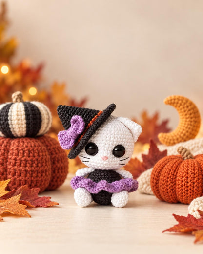 Patrón de ganchillo PDF de gato brujuno, gato amigurumi de Halloween, tutorial de muñeca bruja, descarga instantánea