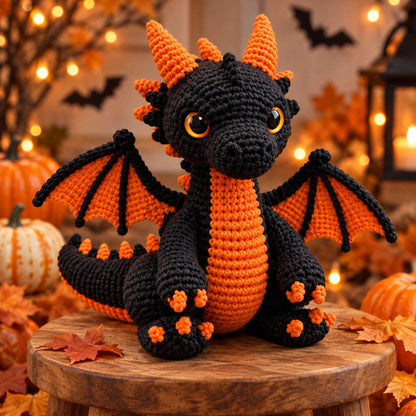Black and Orange Dragon Crochet Pattern PDF, Halloween Amigurumi