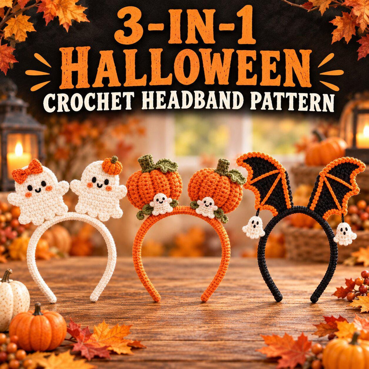 3-in-1 Halloween Crochet Headband Pattern: Ghost, Pumpkin & Bat PDF