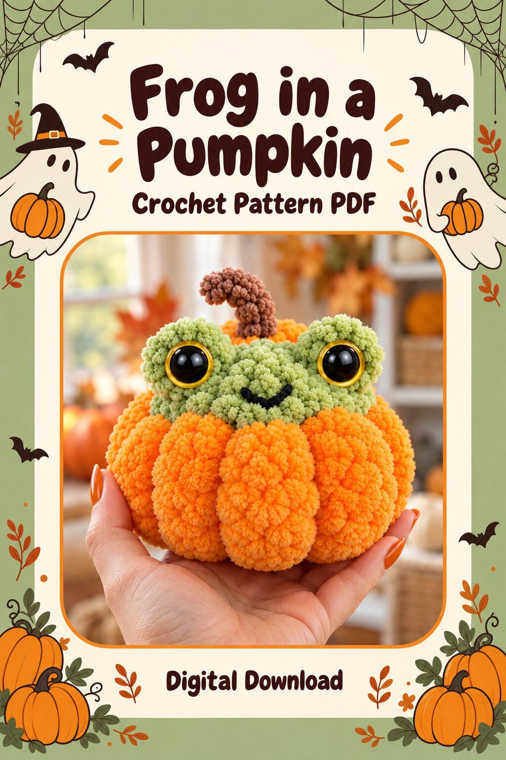 Patron de crochet PDF Grenouille dans une citrouille, Amigurumi d'Halloween