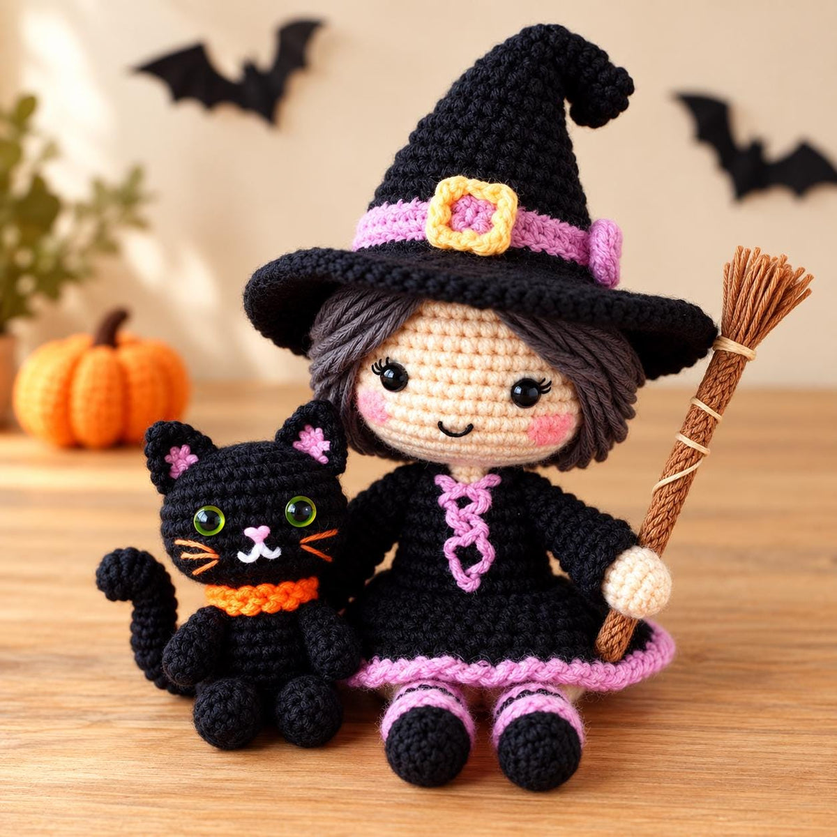 Patron PDF au crochet pour poupée sorcière d'Halloween avec chat noir et balai, décoration amigurumi