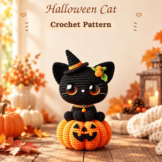 Black Cat in Pumpkin Crochet Pattern PDF, Halloween Amigurumi with Witch Hat