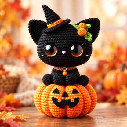 Black Cat in Pumpkin Crochet Pattern PDF, Halloween Amigurumi with Witch Hat
