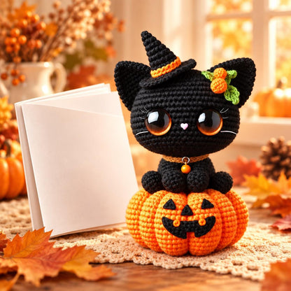 Black Cat in Pumpkin Crochet Pattern PDF, Halloween Amigurumi with Witch Hat