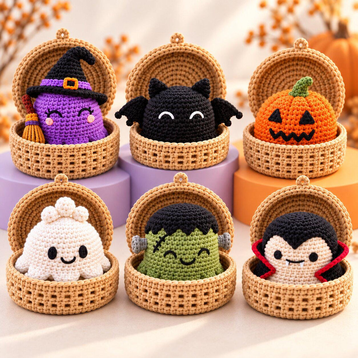 Halloween Ravioli Crochet Pattern Bundle PDF, 6 Amigurumi Characters with Steamer Basket