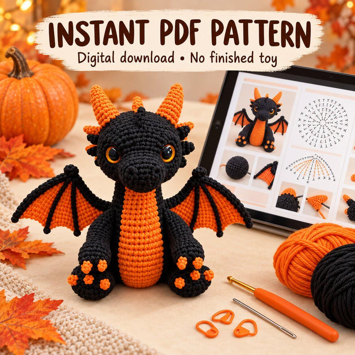 Black and Orange Dragon Crochet Pattern PDF, Halloween Amigurumi