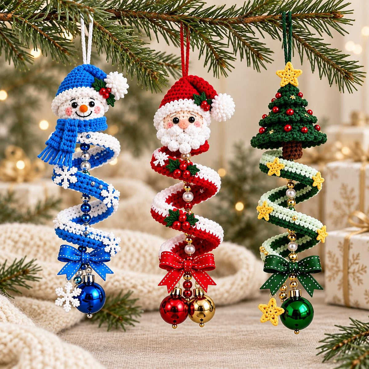 Christmas Spiral Ornament Crochet Pattern: Santa, Snowman & Tree Amigurumi PDF