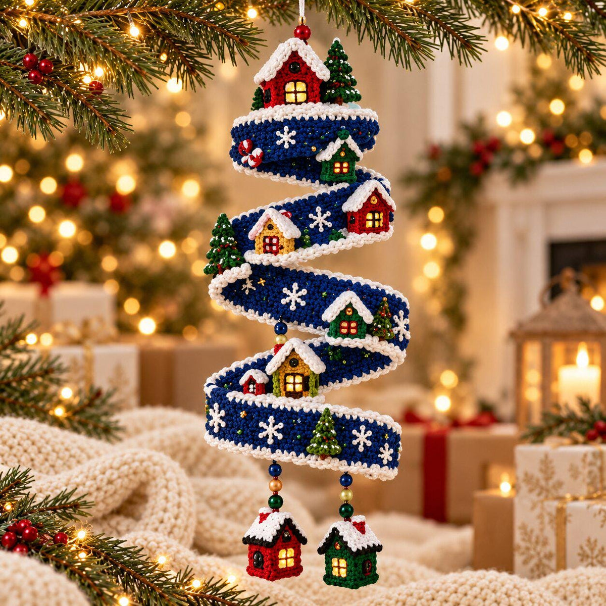 Crochet Christmas Spiral Garland Pattern PDF, Winter Village Hanging Ornament