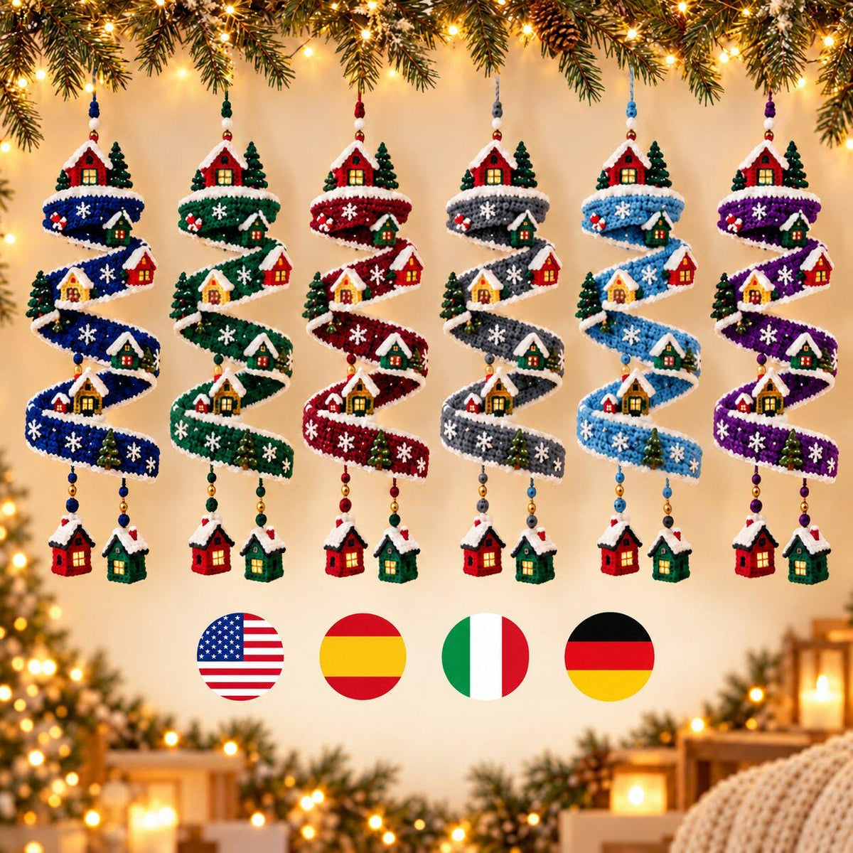 Crochet Christmas Spiral Garland Pattern PDF, Winter Village Hanging Ornament
