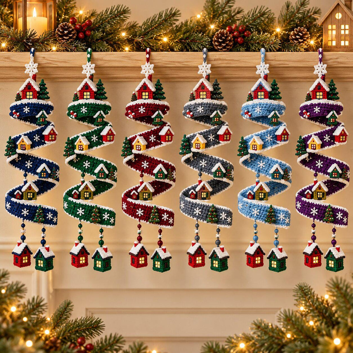 Crochet Christmas Spiral Garland Pattern PDF, Winter Village Hanging Ornament